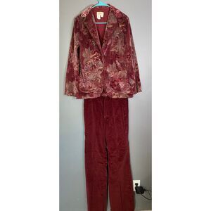 Prior Westerns Vintage Red Floral Velvet Feel 3 Piece Vest Jacket Pants Size 34/